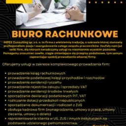 Grafika reklamowa biura rachunkowego: ręce nad dokumentami z wykresami, długopis w dłoni, zegar na biurku, logo firmy Impex Consulting w lewym górnym rogu, wyliczenie oferowanych usług księgowych...