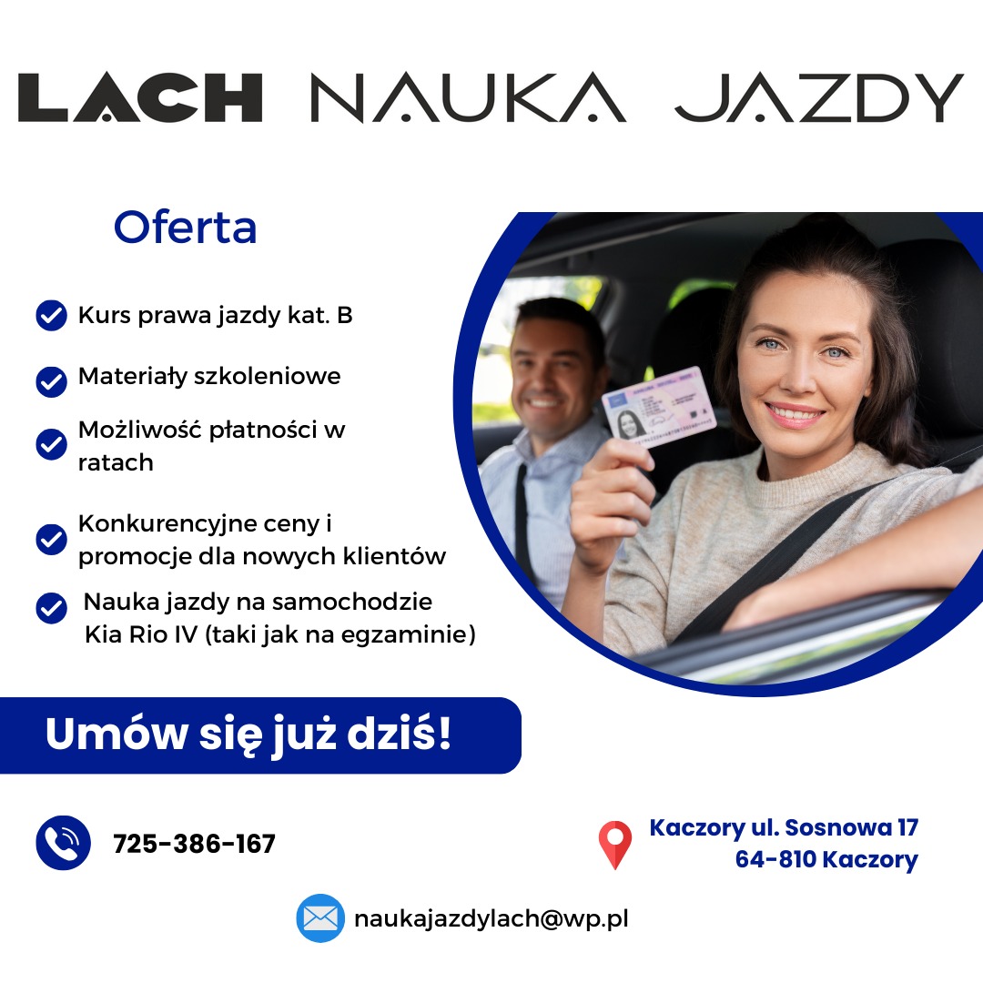 Uśmiechnięta kursantka w samochodzie z instruktorem, prezentuje świeżo uzyskane prawo jazdy kategorii B, widoczne logo firmy i oferta kursów.