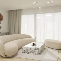 Jasny salon z zakrzywioną sofą, marmurowym stolikiem kawowym i dużym oknem z zasłonami, minimalistyczne oświetlenie sufitowe.