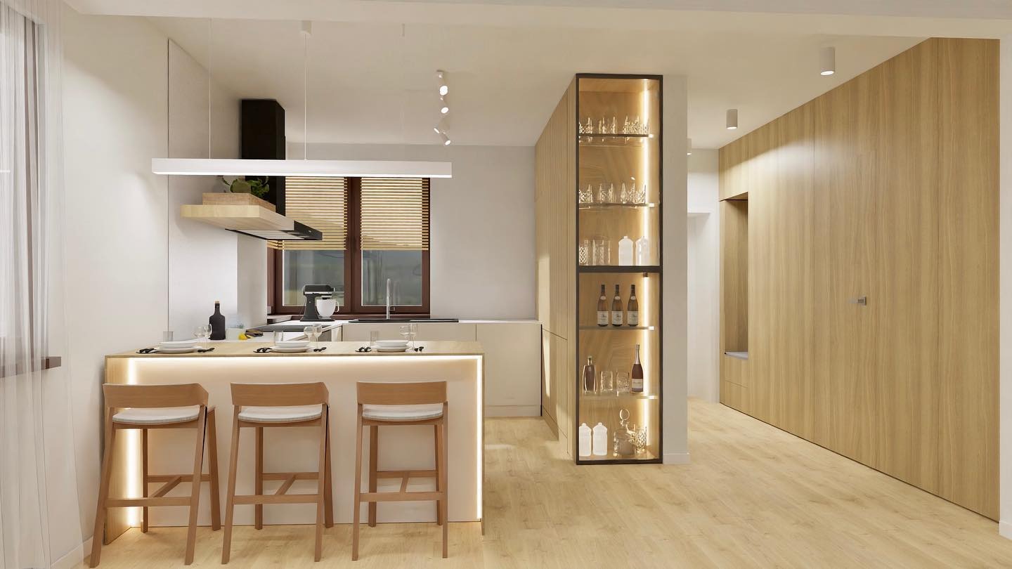 Jasna kuchnia z wyspą oświetloną LED, drewniane hokery, przeszklona witryna z alkoholem i dekoracjami, oraz panele ścienne imitujące drewno.