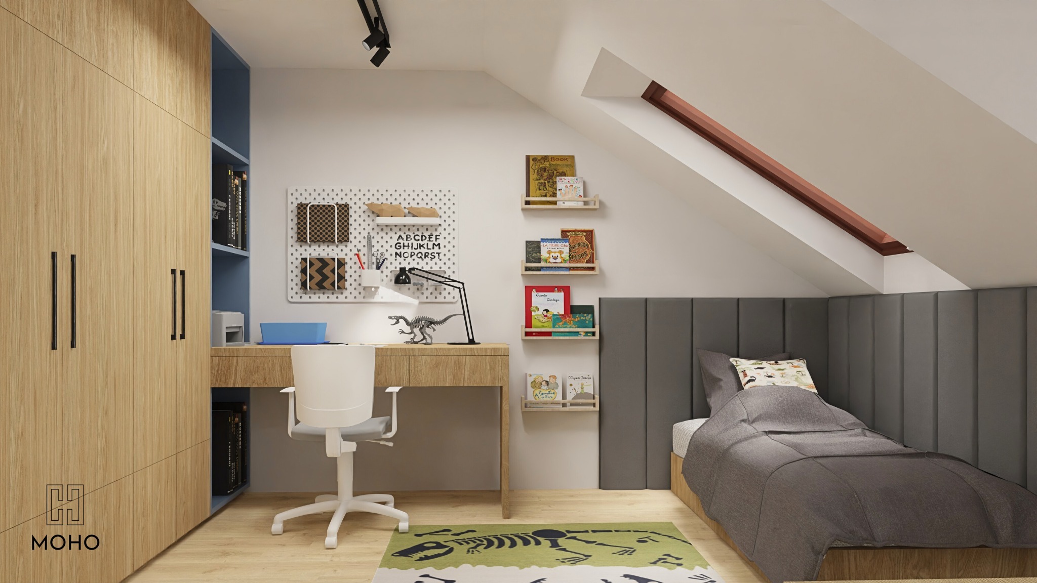 Pokój dziecięcy na poddaszu z drewnianym biurkiem, szafą w zabudowie, łóżkiem z szarym zagłówkiem i dywanem ze szkieletem dinozaura.