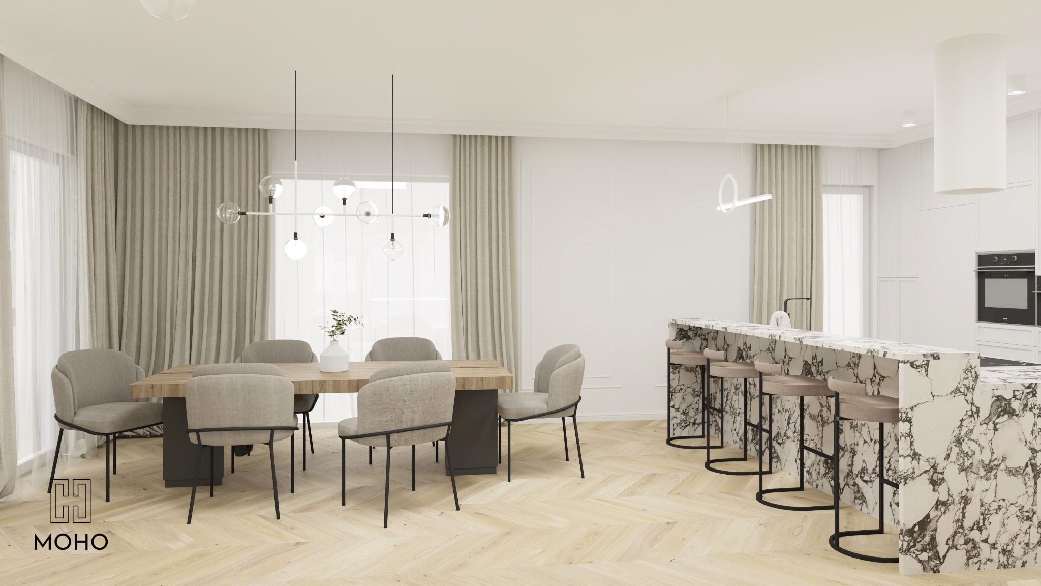 Jasne, przestronne wnętrze jadalni z drewnianym stołem, szarymi krzesłami i marmurowym blatem baru, całość w neutralnej kolorystyce z elementami dekoracyjnymi.