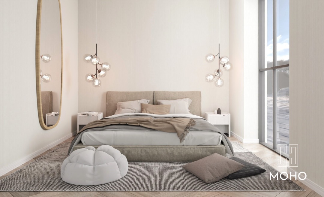 Sypialnia w beżowej tonacji.