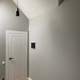 DK Renovations Homes - Świeżo pomalowane wnętrze w odcieniach szarości z drewnianą podłogą i nowoczesnym oświetleniem sufitowym. Widoczna biała stolarka drzwiowa z czarną klamką oraz panel sterowania inteligentnego domu...