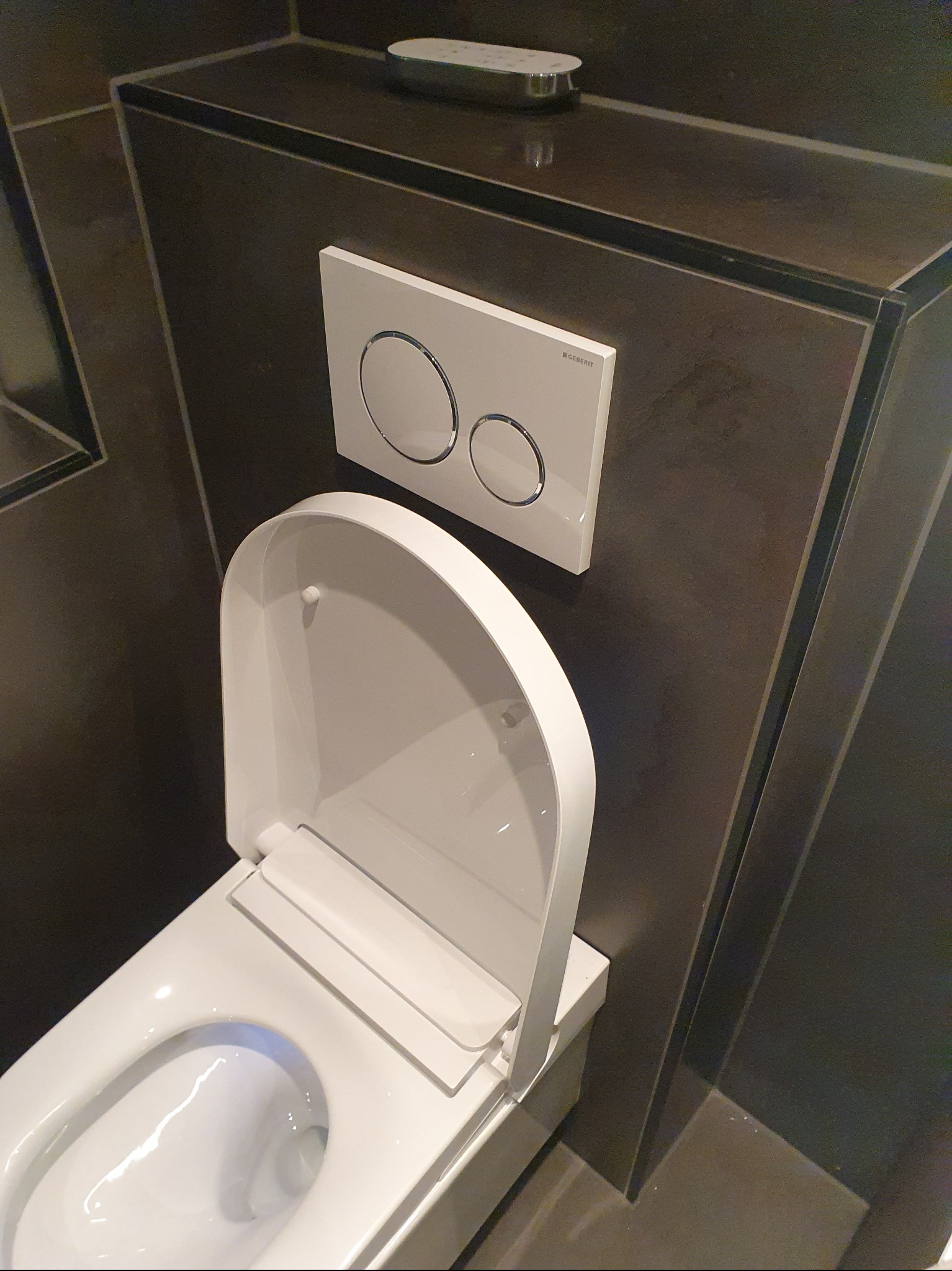 Nowoczesna toaleta z podtynkową spłuczką Geberit na tle grafitowych płytek w łazience. Widoczne detale wykończenia i minimalistyczny design.