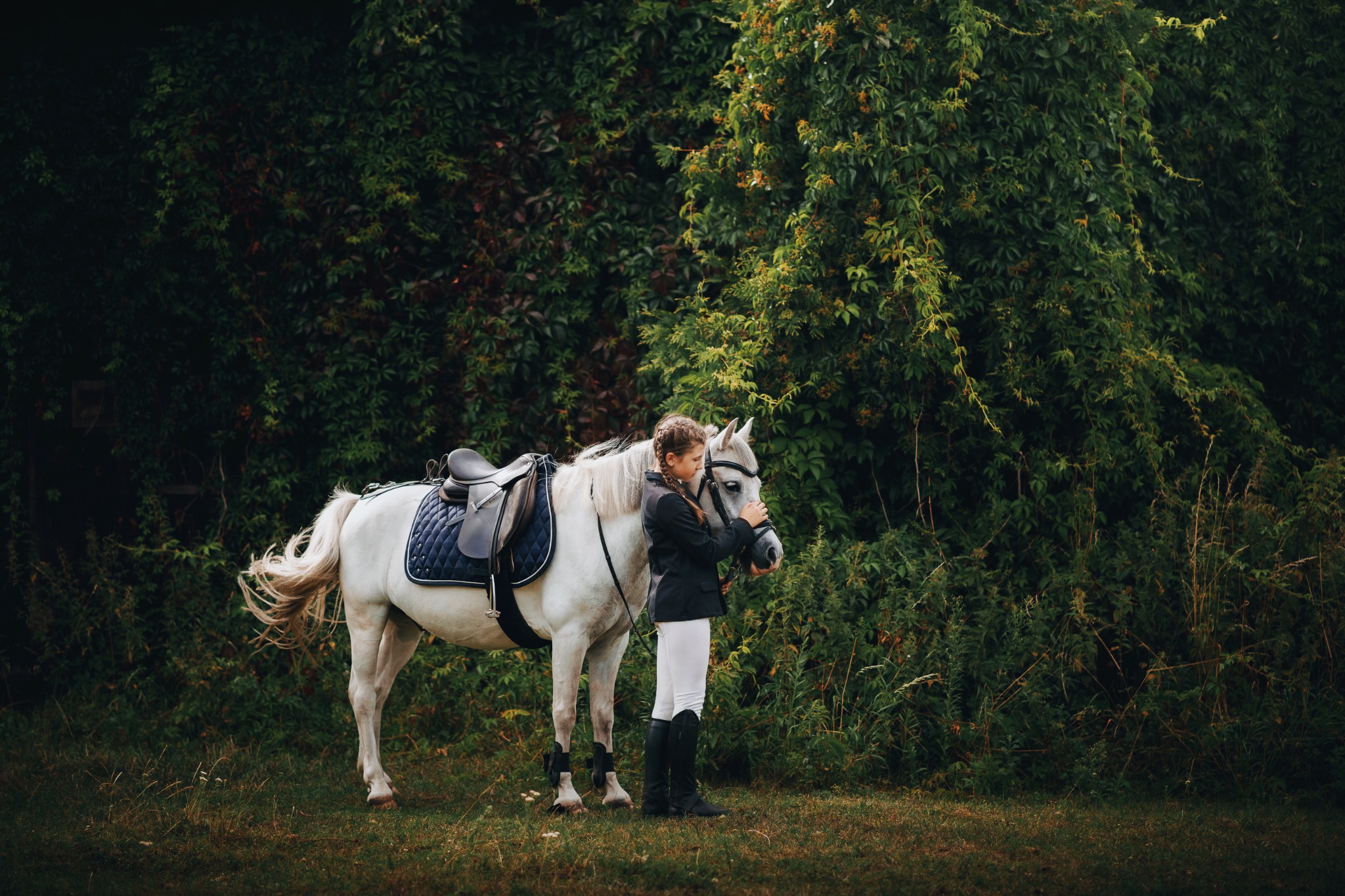 Młoda amazonka w czarnym fraku i białych bryczesach obejmuje białego konia z siodłem na tle zieleni.