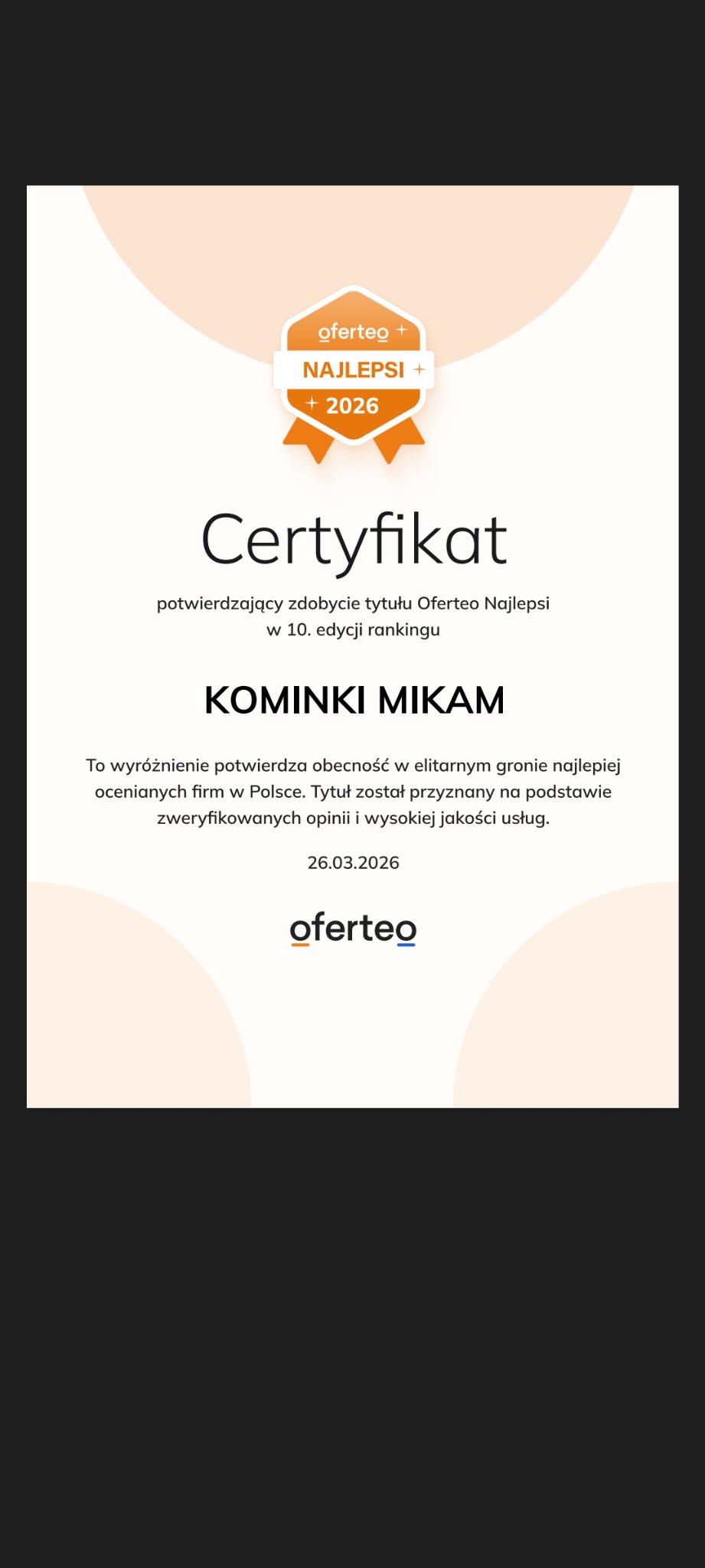 Certyfikat Oferteo Najlepsi 2026 dla firmy Kominki Mikam, potwierdzający obecność w elitarnym gronie najlepiej ocenianych firm w Polsce w 10. edycji rankingu.