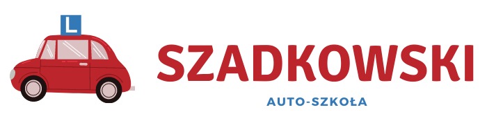 Grafika wektorowa przedstawiająca logo: czerwony, stylizowany samochód z niebieską literą L na dachu, obok napis 'SZADKOWSKI AUTO-SZKOŁA'.