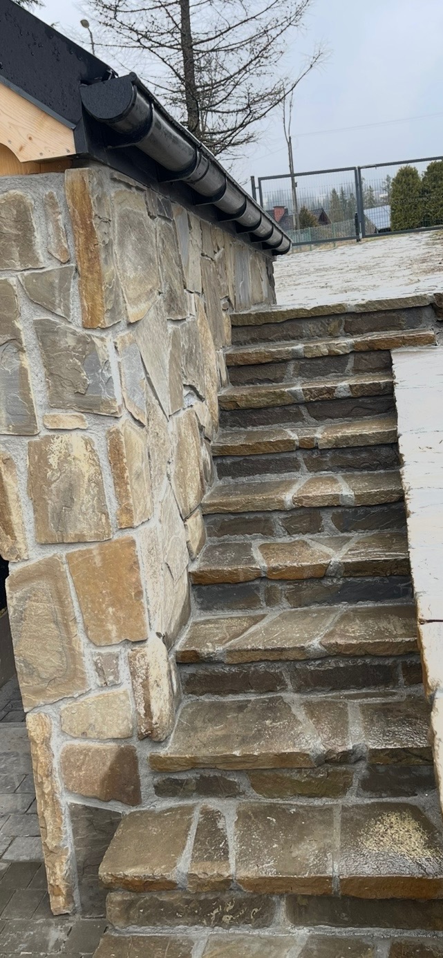 Kamienne schody zewnętrzne z nieregularnych płyt, prowadzące w górę, z widocznym fragmentem rynny. Tło stanowi brama i drzewa.