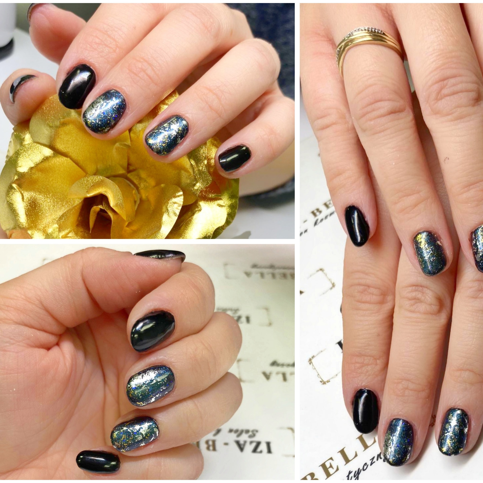 Kolaż przedstawiający dłonie z czarnymi paznokciami i paznokciami z efektem folii opalizującej na niebiesko-zielono-srebrny kolor, w tle złota róża i logo salonu.
