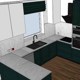AsArchi - Wizualizacja kuchni w Siedlcach z ciemnozielonymi szafkami, białymi górnymi szafkami i blatem imitującym marmur, z widocznym zlewem, oknem z roletą i sprzętem AGD w zabudowie.