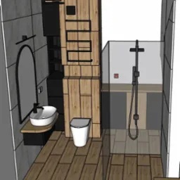Wizualizacja 3D łazienki z prysznicem typu walk-in, umywalką nablatową na drewnianym blacie, toaletą i drewnianymi panelami ściennymi z czarnymi akcentami.