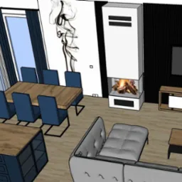 Wizualizacja salonu z jadalnią: drewniany stół z krzesłami, kominek z paleniskiem, szara sofa, szafka RTV i telewizor na czarnej ścianie.