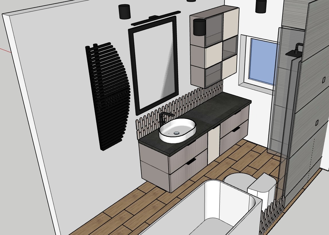 Wizualizacja 3D łazienki z owalną umywalką nablatową, czarną armaturą, grzejnikiem drabinkowym i zabudową meblową z drewnopodobnymi frontami, oświetleniem punktowym i lustrem w czarnej ramie.