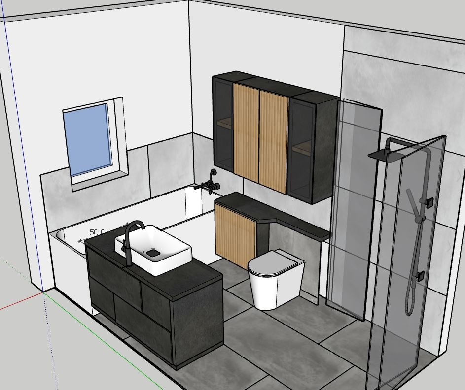 Wizualizacja 3D nowoczesnej łazienki z grafitową szafką pod umywalką, wiszącymi szafkami z drewnianymi frontami, toaletą i przeszkloną kabiną prysznicową na tle szarych płytek.