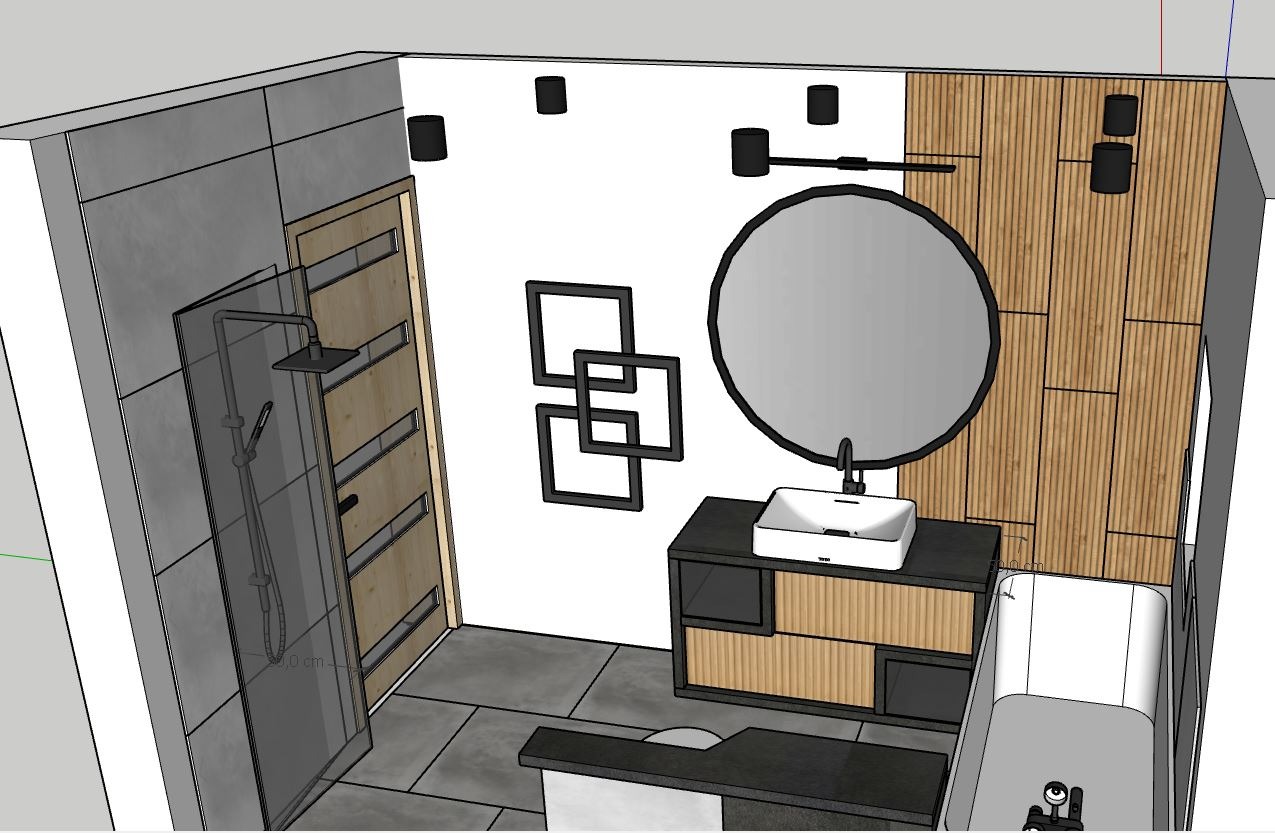 Wizualizacja łazienki z kabiną prysznicową, umywalką nablatową na szafce z drewnianymi akcentami, okrągłym lustrem i geometryczną dekoracją ścienną.