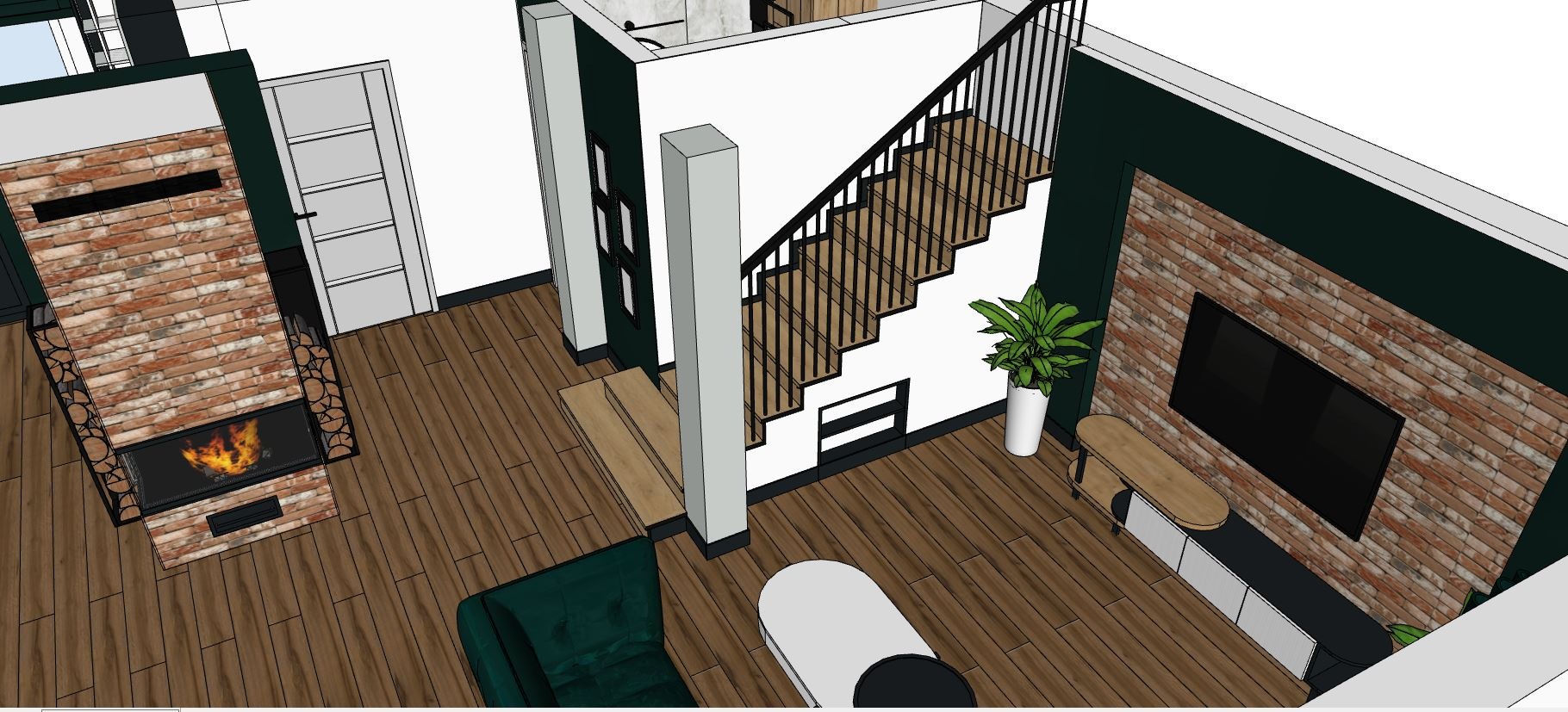Wizualizacja salonu z ceglaną ścianą, kominkiem, schodami z czarną balustradą, zieloną sofą i rośliną doniczkową.