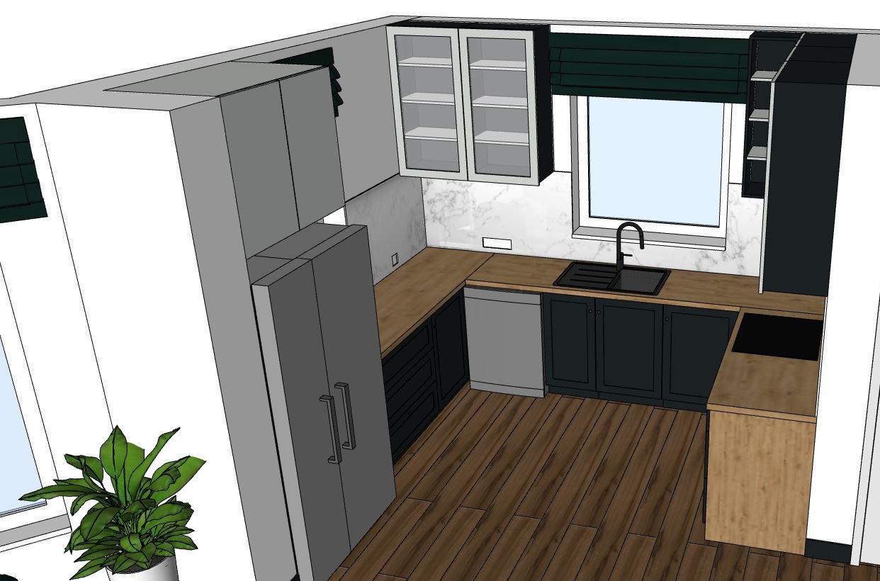 Wizualizacja 3D kuchni z ciemnymi szafkami, drewnianym blatem i podłogą, oraz białymi szafkami wiszącymi z przeszkleniami.