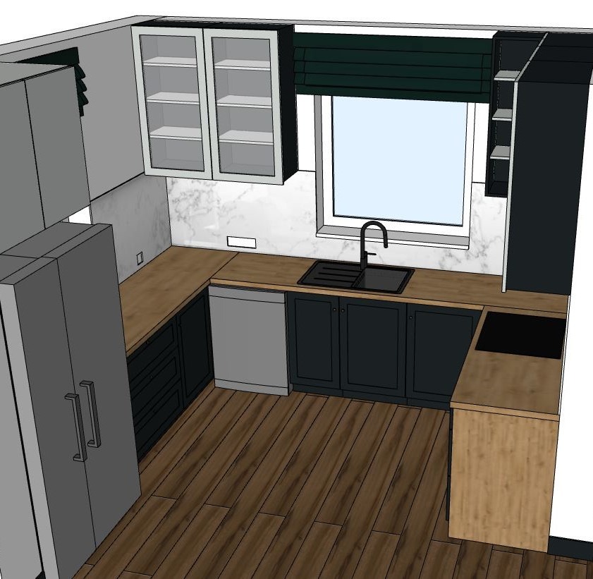 Wizualizacja 3D kuchni z drewnianą podłogą, ciemnymi szafkami dolnymi, jasnymi szafkami wiszącymi z przeszklonymi frontami i marmurowym backsplashiem pod oknem z żaluzjami.