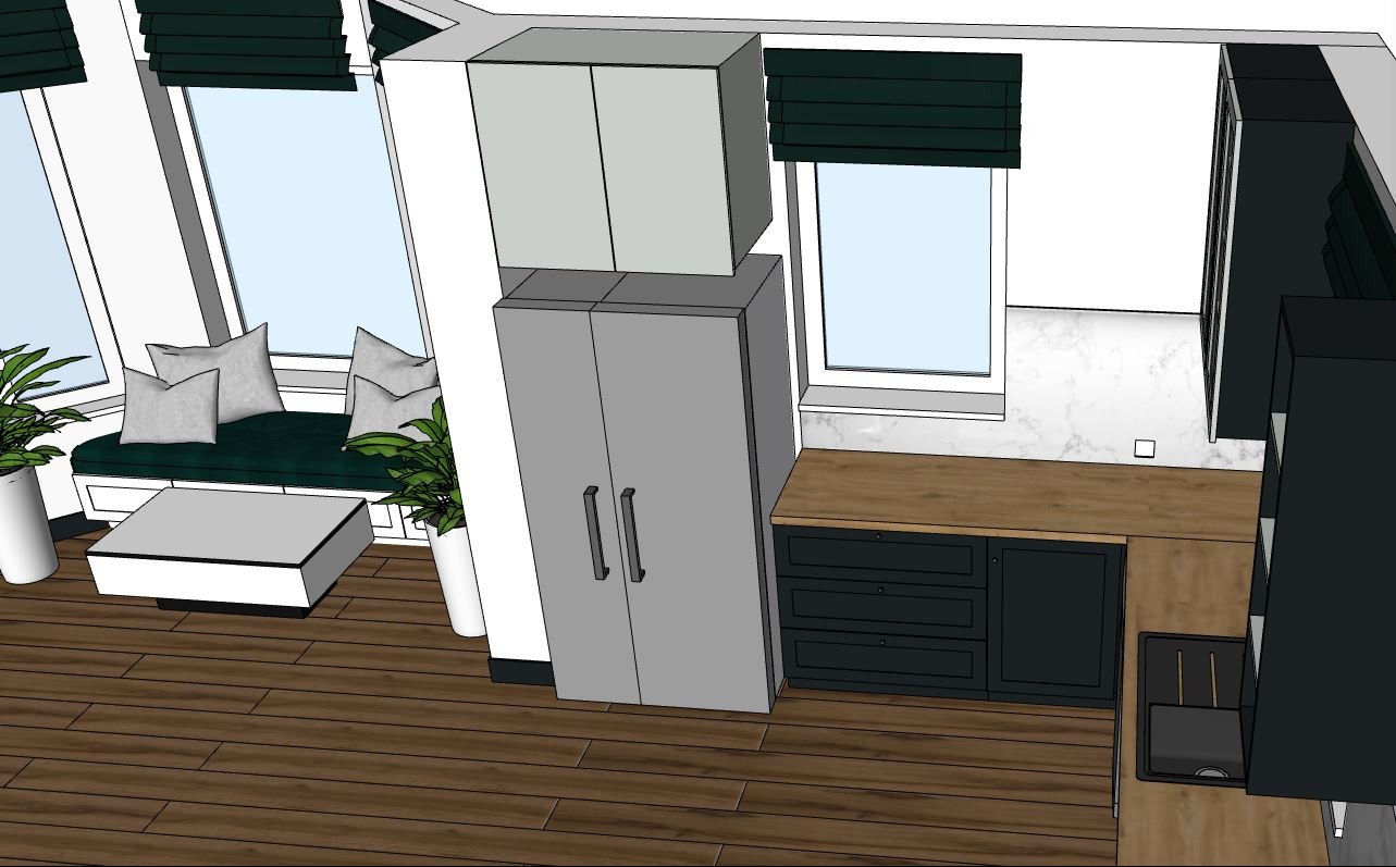 Wizualizacja kuchni z oknem wykuszowym i siedziskiem, szare szafki z czarnymi uchwytami, drewniany blat i podłoga, rośliny doniczkowe.