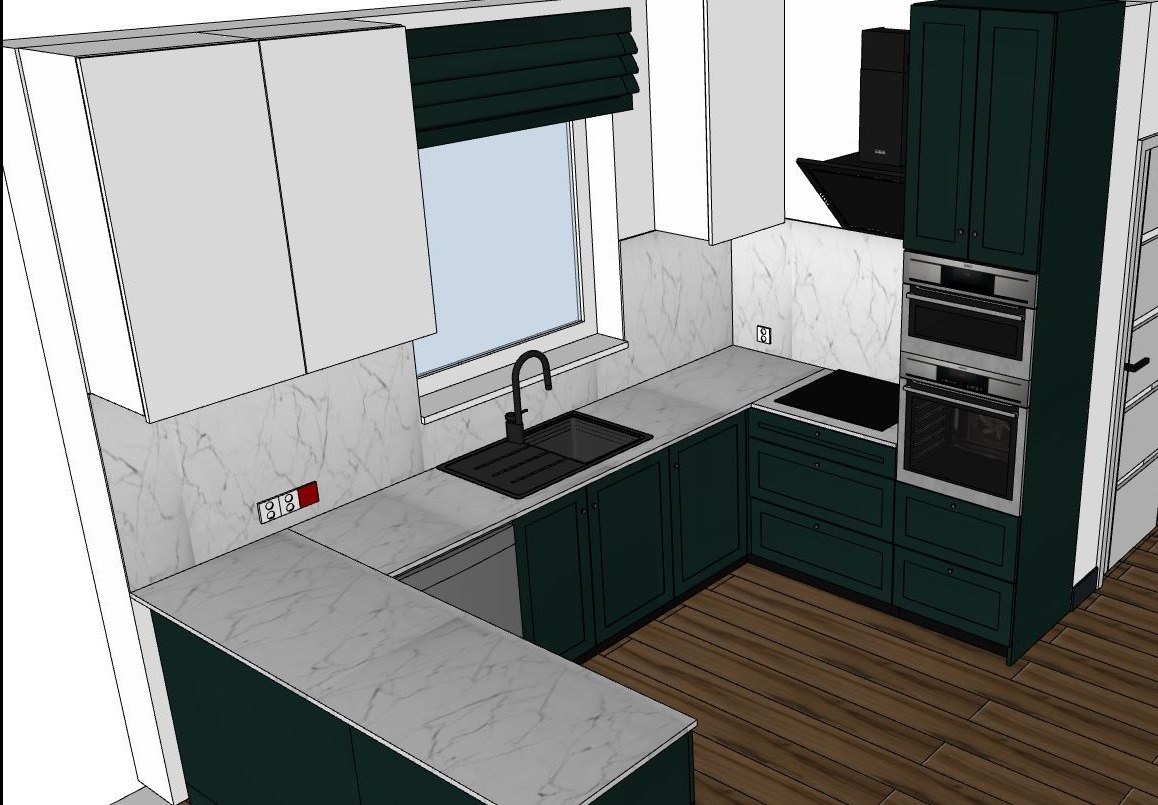 Wizualizacja kuchni w Siedlcach z ciemnozielonymi szafkami, białymi górnymi szafkami i blatem imitującym marmur, z widocznym zlewem, oknem z roletą i sprzętem AGD w zabudowie.