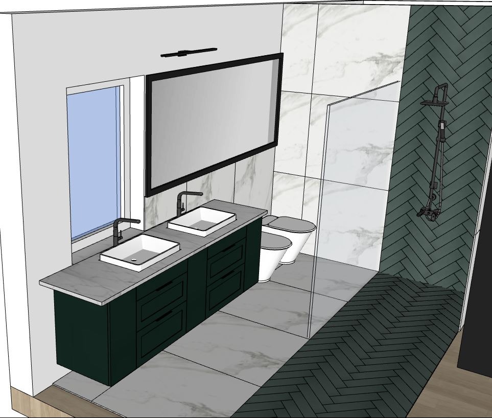 Wizualizacja projektu łazienki z podwójną umywalką nablatową, lustrem w czarnej ramie, kabiną prysznicową i toaletą.