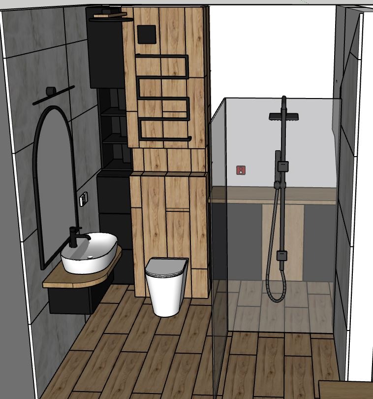 Wizualizacja 3D łazienki z prysznicem typu walk-in, umywalką nablatową na drewnianym blacie, toaletą i drewnianymi panelami ściennymi z czarnymi akcentami.