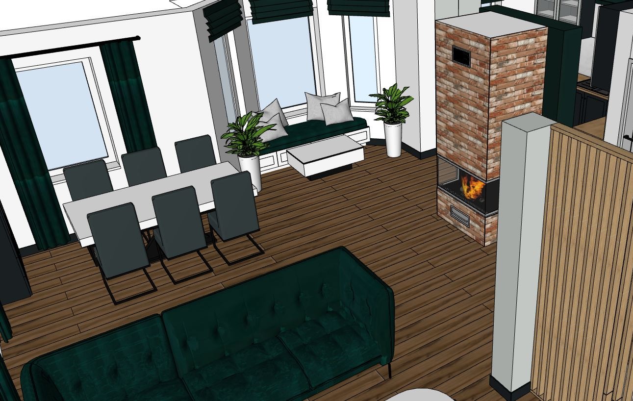 Wizualizacja wnętrza salonu z kominkiem z cegły, zieloną sofą i stołem jadalnym z krzesłami, uzupełniona o rośliny doniczkowe i drewnianą podłogę.