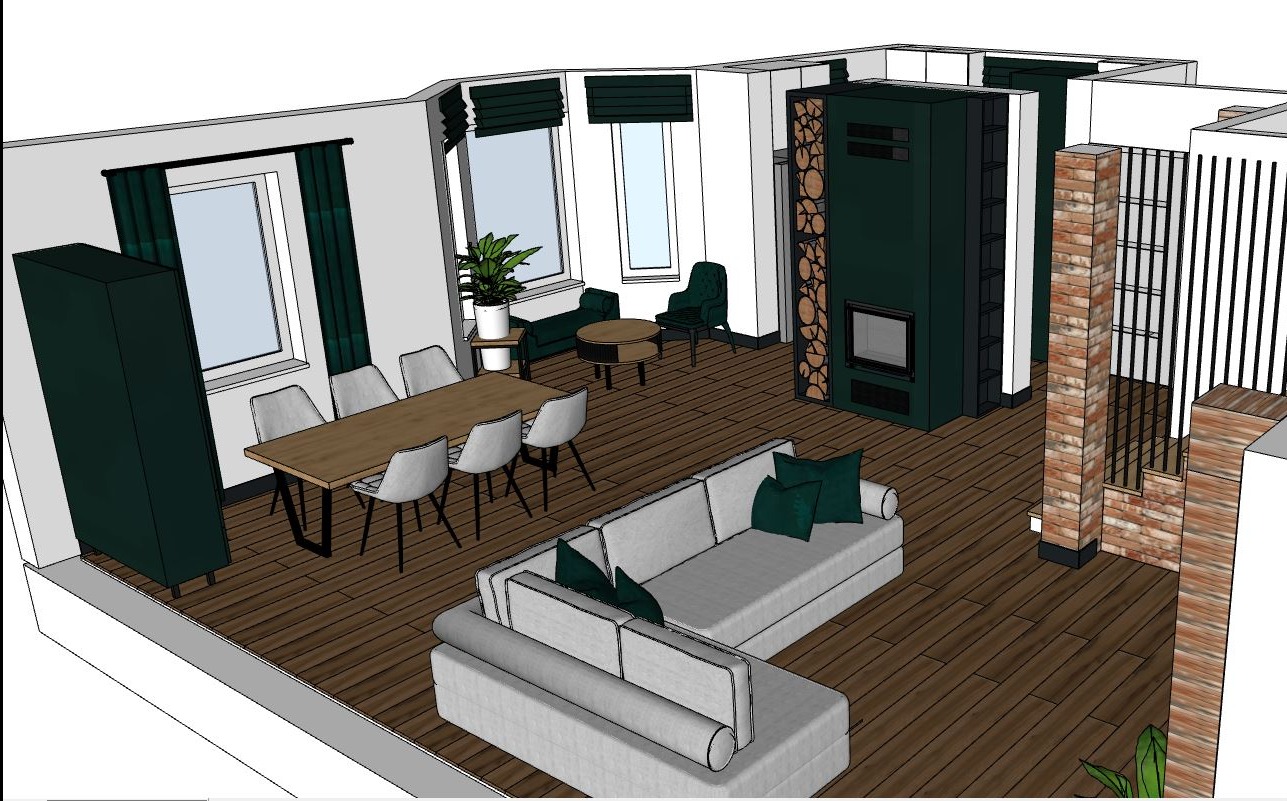 Wizualizacja przestronnego wnętrza z drewnianą podłogą, szarym narożnikiem z zielonymi poduszkami, stołem jadalnym z krzesłami, zielonym regałem, kominkiem obudowanym drewnem i ceglanym filarem ze...