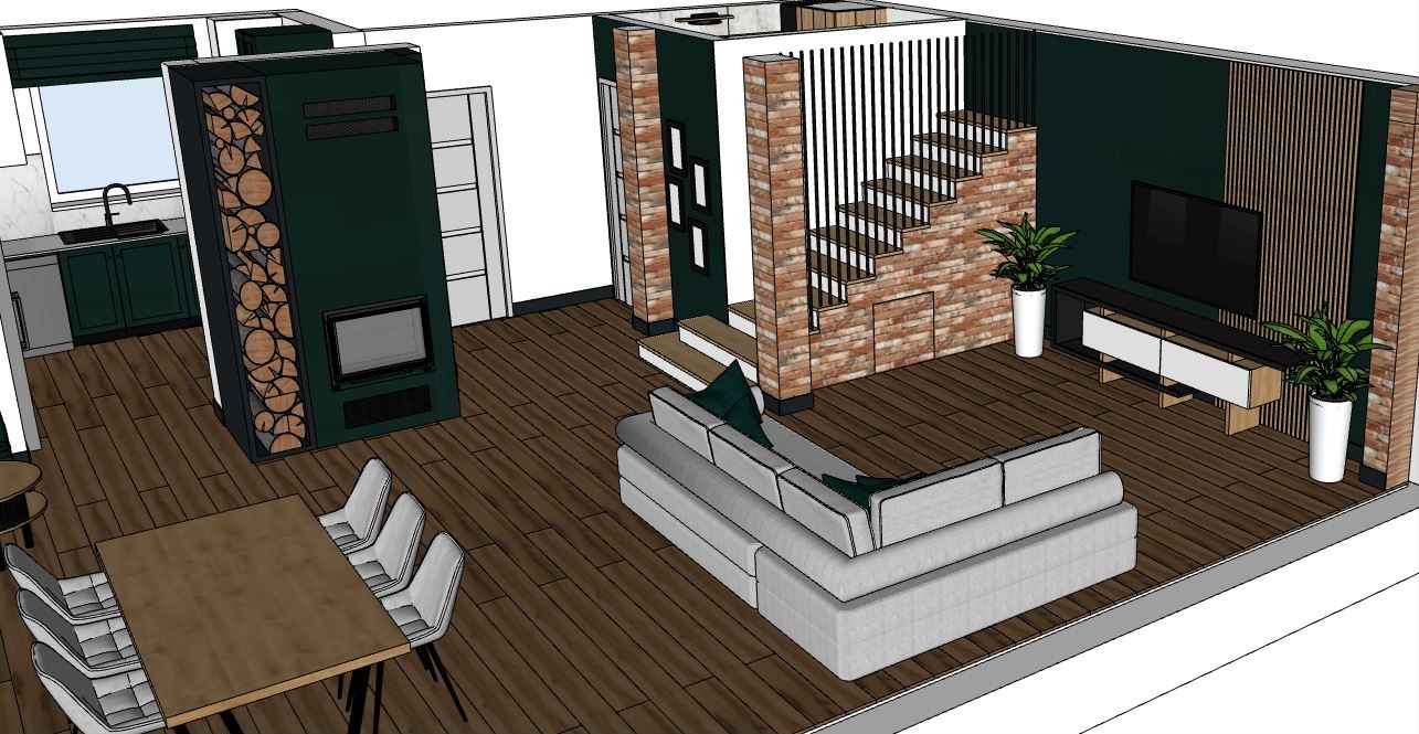 Wizualizacja salonu z kominkiem z zapasem drewna, ceglaną ścianą ze schodami, szarą sofą narożną i drewnianą podłogą.