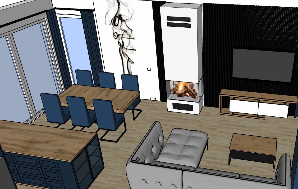 Wizualizacja salonu z jadalnią: drewniany stół z krzesłami, kominek z paleniskiem, szara sofa, szafka RTV i telewizor na czarnej ścianie.