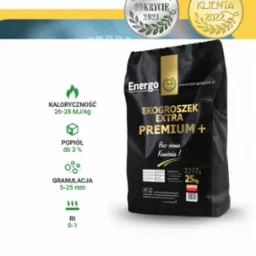 Czarny worek z ekogroszkiem marki Energo Extra Premium+ o wadze 25 kg, z widocznymi informacjami o kaloryczności, popiele i granulacji, opatrzony nagrodami Laur Klienta za lata 2021 i 2022.