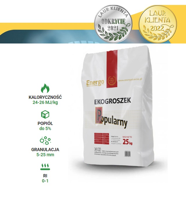 Worek białego ekogroszku Popularny marki Energo z nagrodami Laur Klienta Odkrycie 2021 i Laur Klienta 2022, widoczne parametry: kaloryczność, popiół, granulacja i RI.