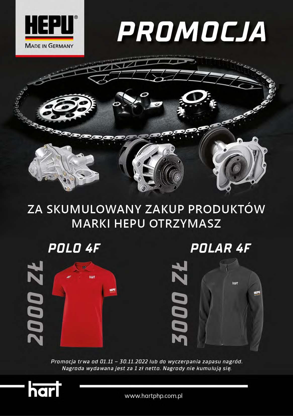 Promocja marki HEPU: zestaw części samochodowych (pompy wody, łańcuch rozrządu) oraz nagrody za zakupy - czerwone polo i szara bluza z logo Hart.