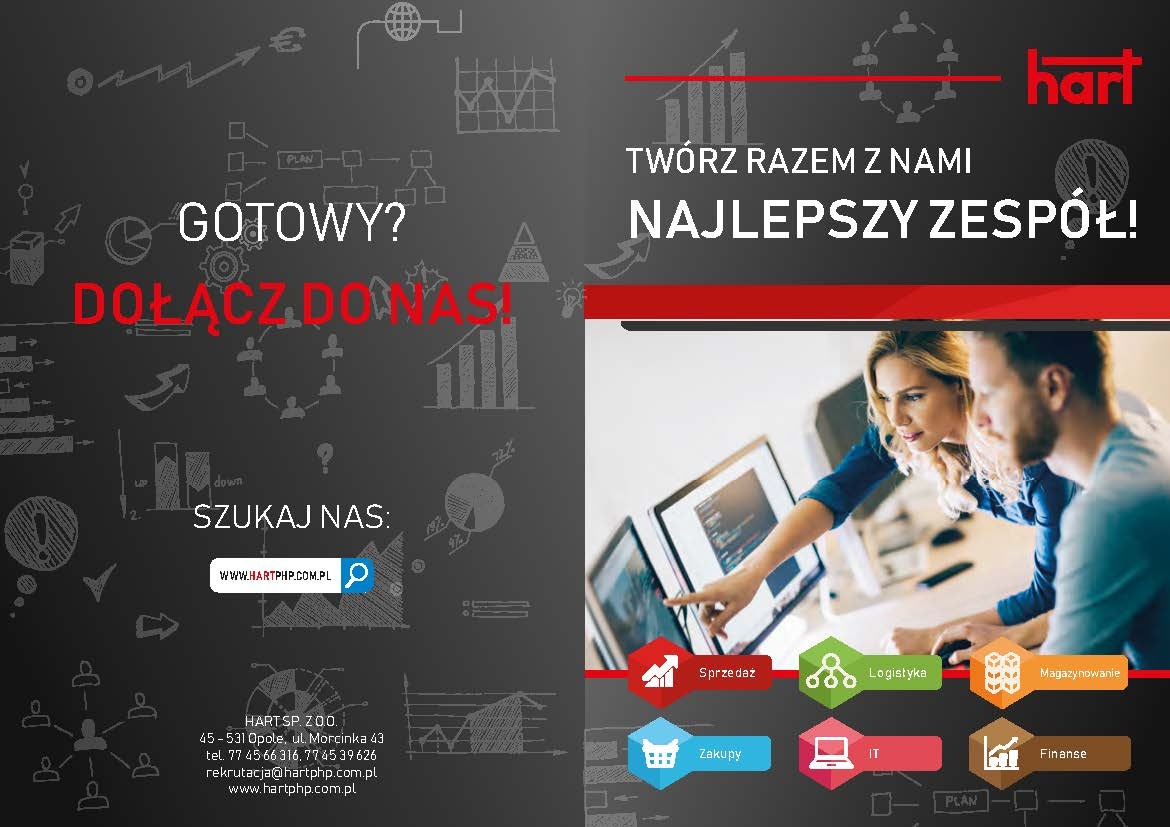 Dwoje specjalistów analizuje kod na monitorach komputerów, otoczeni grafikami i hasłami reklamowymi firmy HART, promując dołączenie do zespołu.