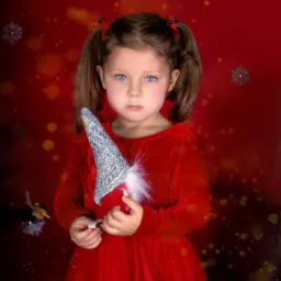Portret dziewczynki w czerwonej sukience trzymającej ozdobnego skrzata na tle czerwonego tła z motywem śnieżynek.