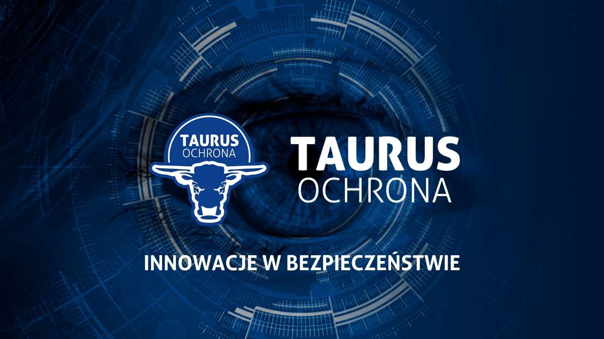 Grafika z logotypem Taurus Ochrona na tle oka i schematu technologicznego w odcieniach niebieskiego, z hasłem 'Innowacje w bezpieczeństwie'.