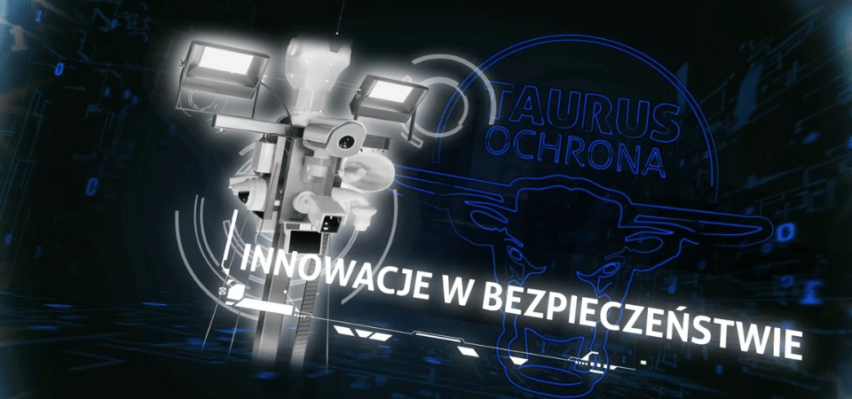 Grafika prezentująca system zabezpieczeń z kamerami, reflektorami i głośnikiem, na tle futurystycznego schematu i logo 'TAURUS OCHRONA' z hasłem 'INNOWACJE W BEZPIECZEŃSTWIE'.
