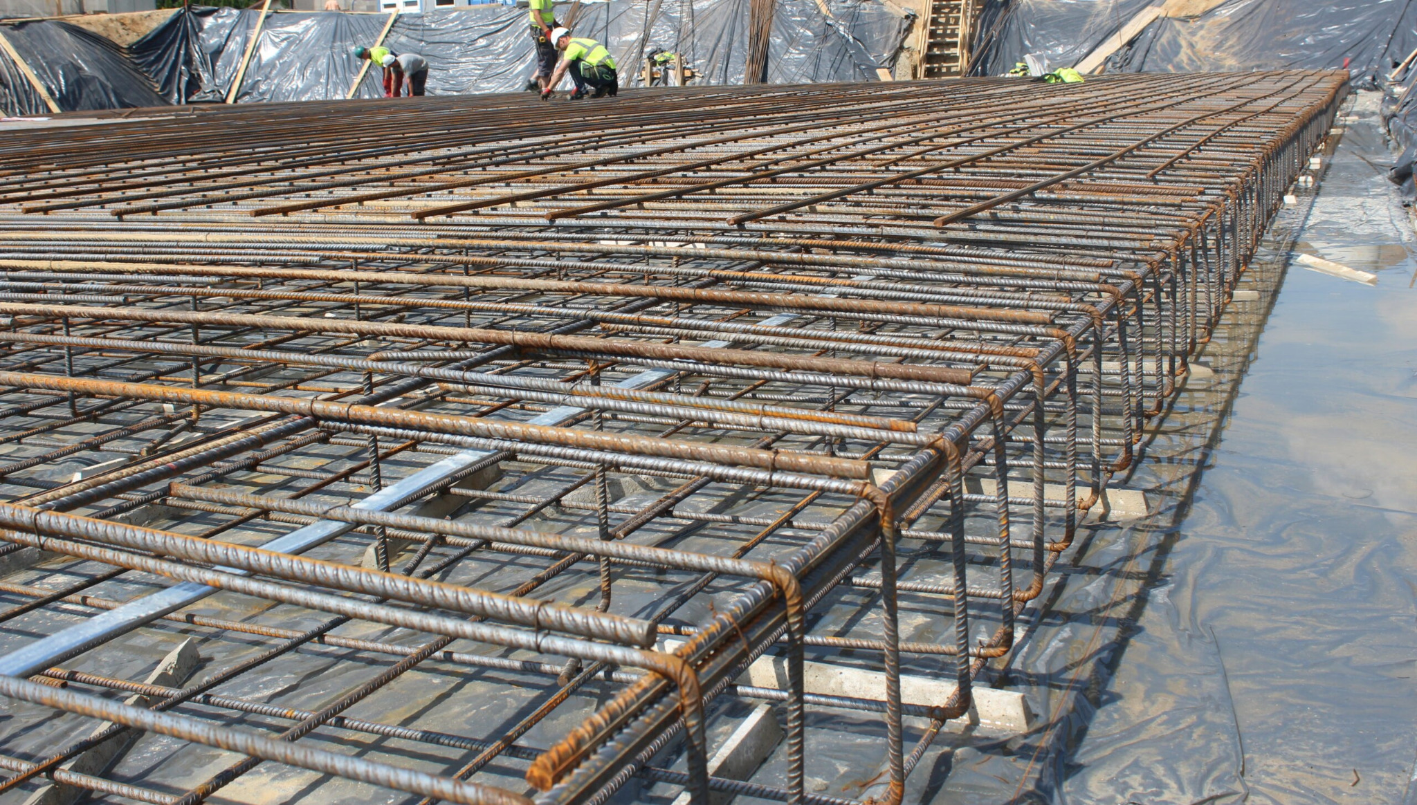 Siatka zbrojeniowa z prętów stalowych, tworząca szkielet konstrukcji, z widocznymi pracownikami w tle, przygotowywana do zalania betonem.