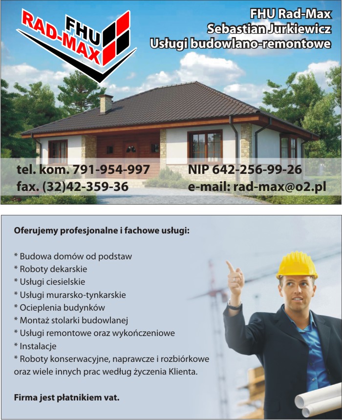 Reklama firmy FHU Rad-Max z Sebastianem Jurkiewiczem oferującej usługi budowlano-remontowe, prezentująca wizualizację domu jednorodzinnego i listę oferowanych prac, w tym budowę domów od podstaw...
