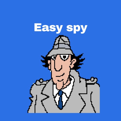 Pikselowa grafika przedstawiająca postać detektywa w szarym płaszczu i kapeluszu na niebieskim tle, z napisem 'Easy spy' u góry.