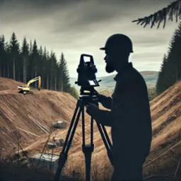 Geodeta w kasku obsługuje niwelator na tle wykopu, w oddali widoczna koparka i las iglasty.