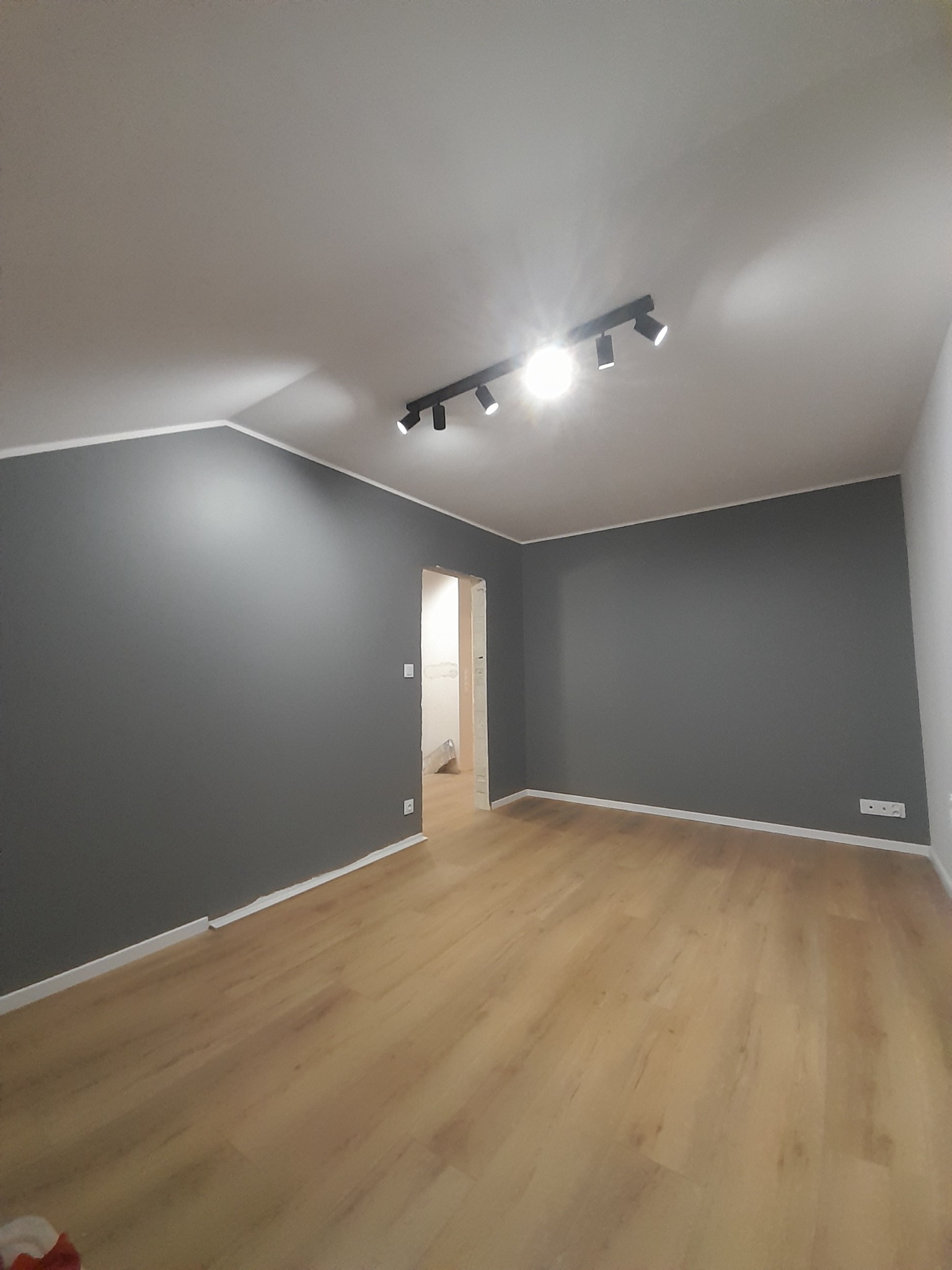 Wnętrze pokoju po remoncie: świeżo pomalowane szare ściany z białymi listwami przypodłogowymi i nową podłogą z paneli, widoczna czarna lampa sufitowa z kilkoma reflektorami.