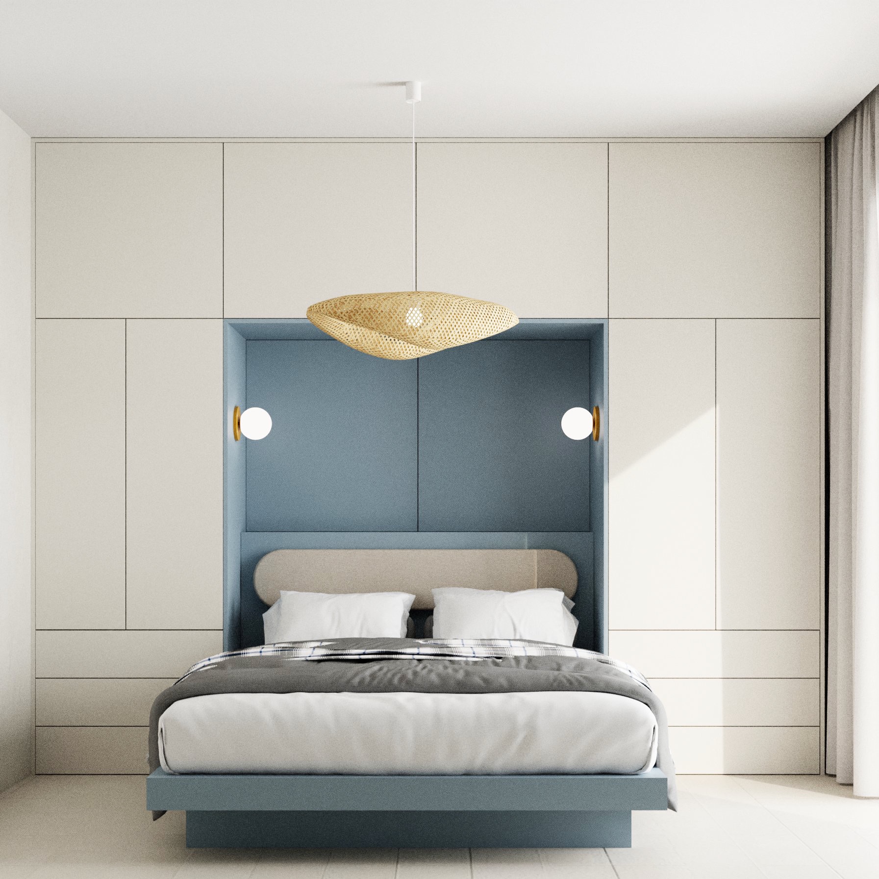 Minimalistyczna sypialnia: zabudowa meblowa z wnęką w odcieniach błękitu i beżu. W centralnej części łóżko z dekoracyjną lampą z abażurem nad nim.
