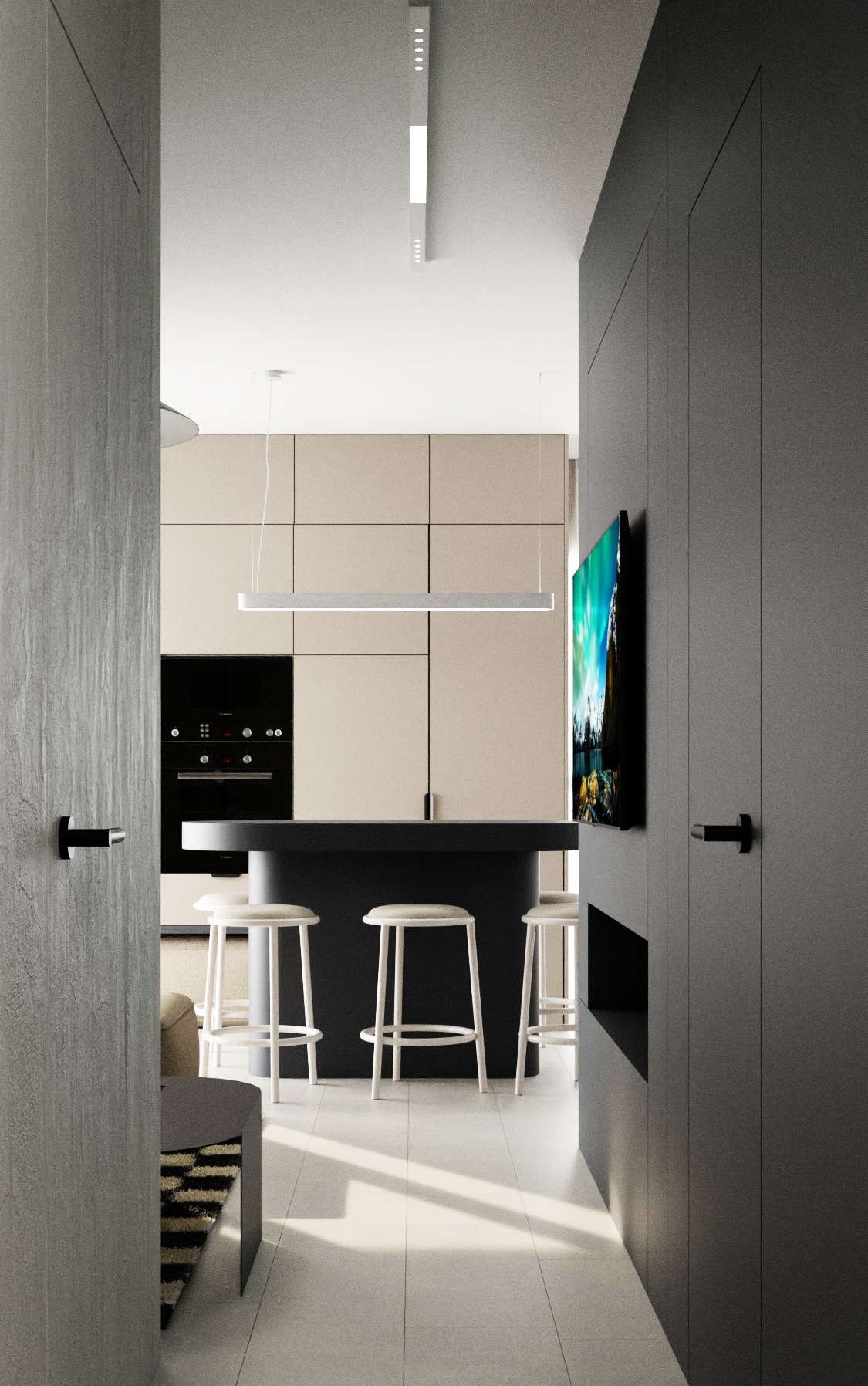 Nowoczesna kuchnia z wyspą i minimalistycznym oświetleniem LED, widziana zza framugi drzwi. Neutralna kolorystyka, czarne akcenty i telewizor na ścianie.