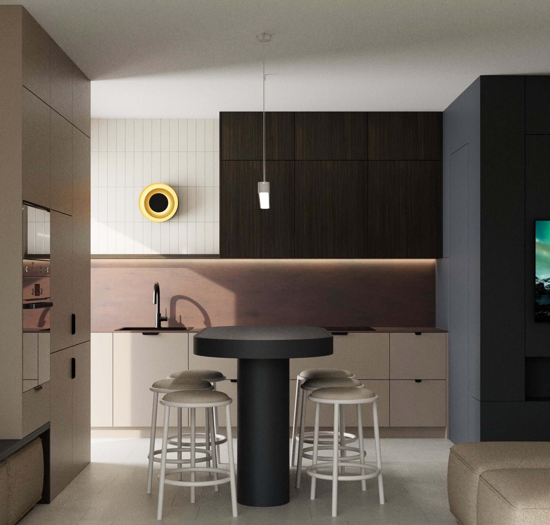 Nowoczesna kuchnia z okrągłym stołem i krzesłami barowymi, oświetlona wiszącą lampą. Minimalistyczny design z elementami w odcieniach beżu, brązu i czerni.