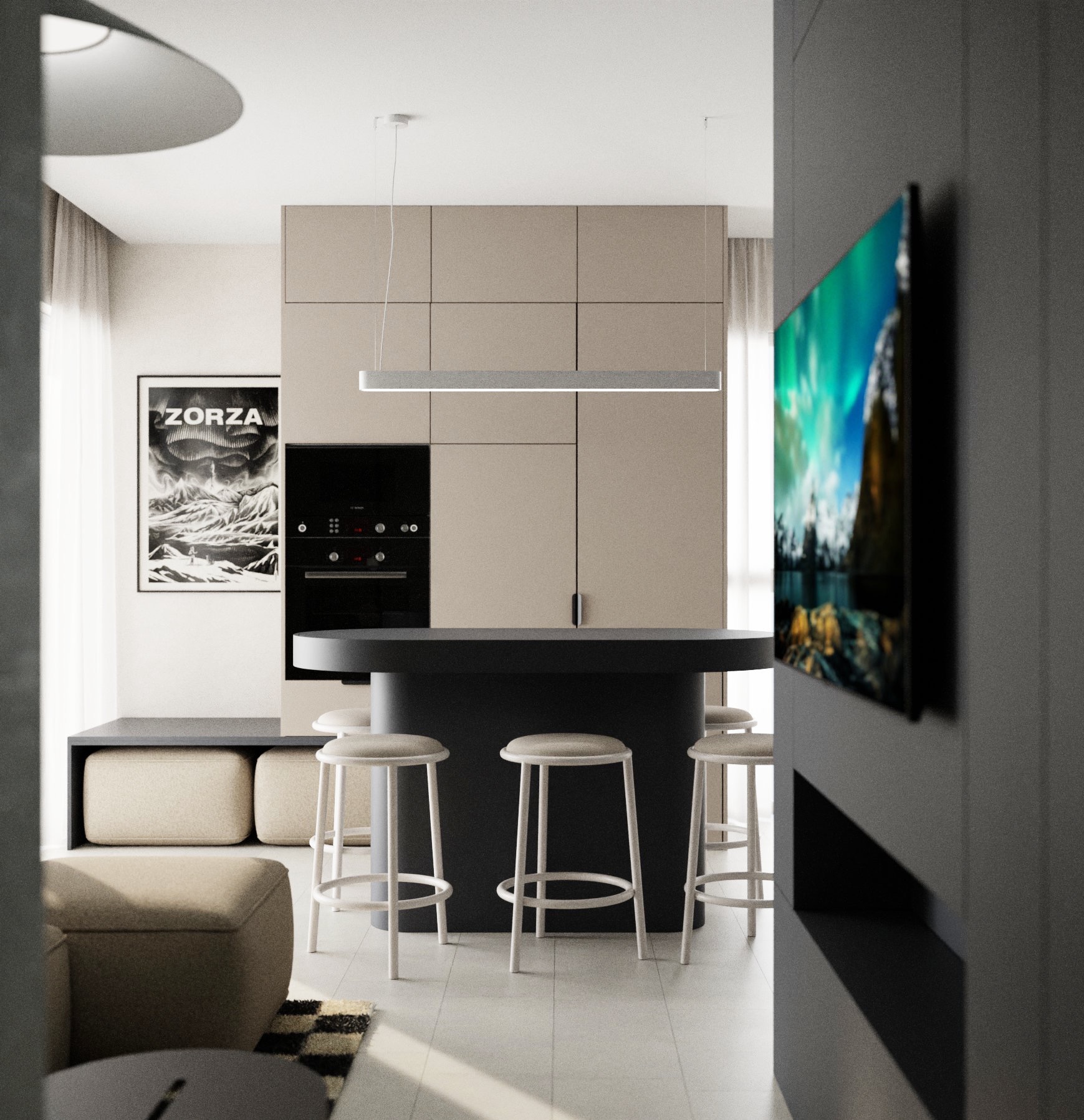 Minimalistyczna kuchnia z czarnym blatem i białymi hokerami, oświetlona podłużną lampą. Na ścianie plakat i telewizor z motywem zorzy polarnej. Stonowana kolorystyka.