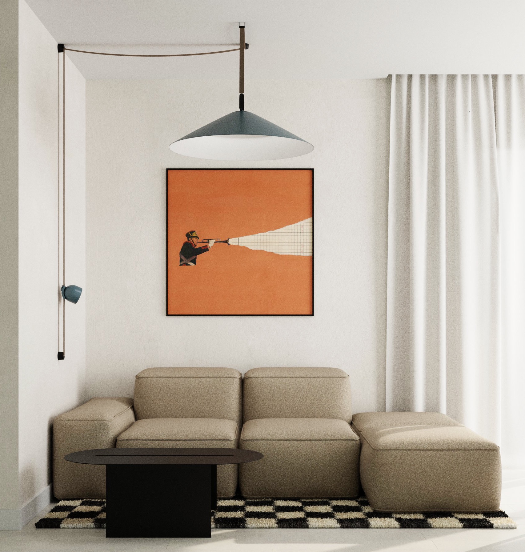Beżowa sofa modułowa, stolik kawowy na dywanie w szachownicę, plakat z trębaczem na pomarańczowym tle, lampa wisząca i kinkiet w minimalistycznym salonie.
