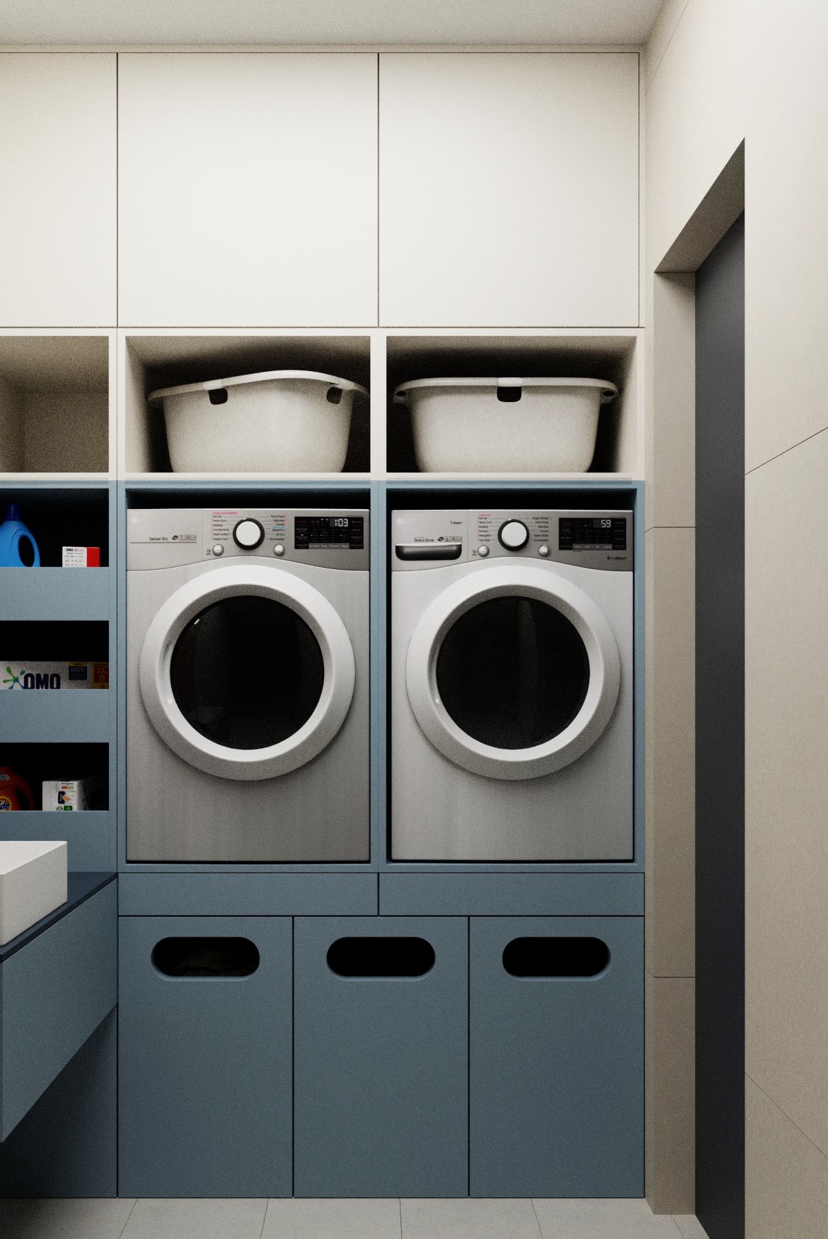 Nowoczesna pralnia: dwie pralki w zabudowie z błękitnymi szafkami i białymi półkami, na których stoją pojemniki na pranie i środki czystości. Minimalistyczny design.