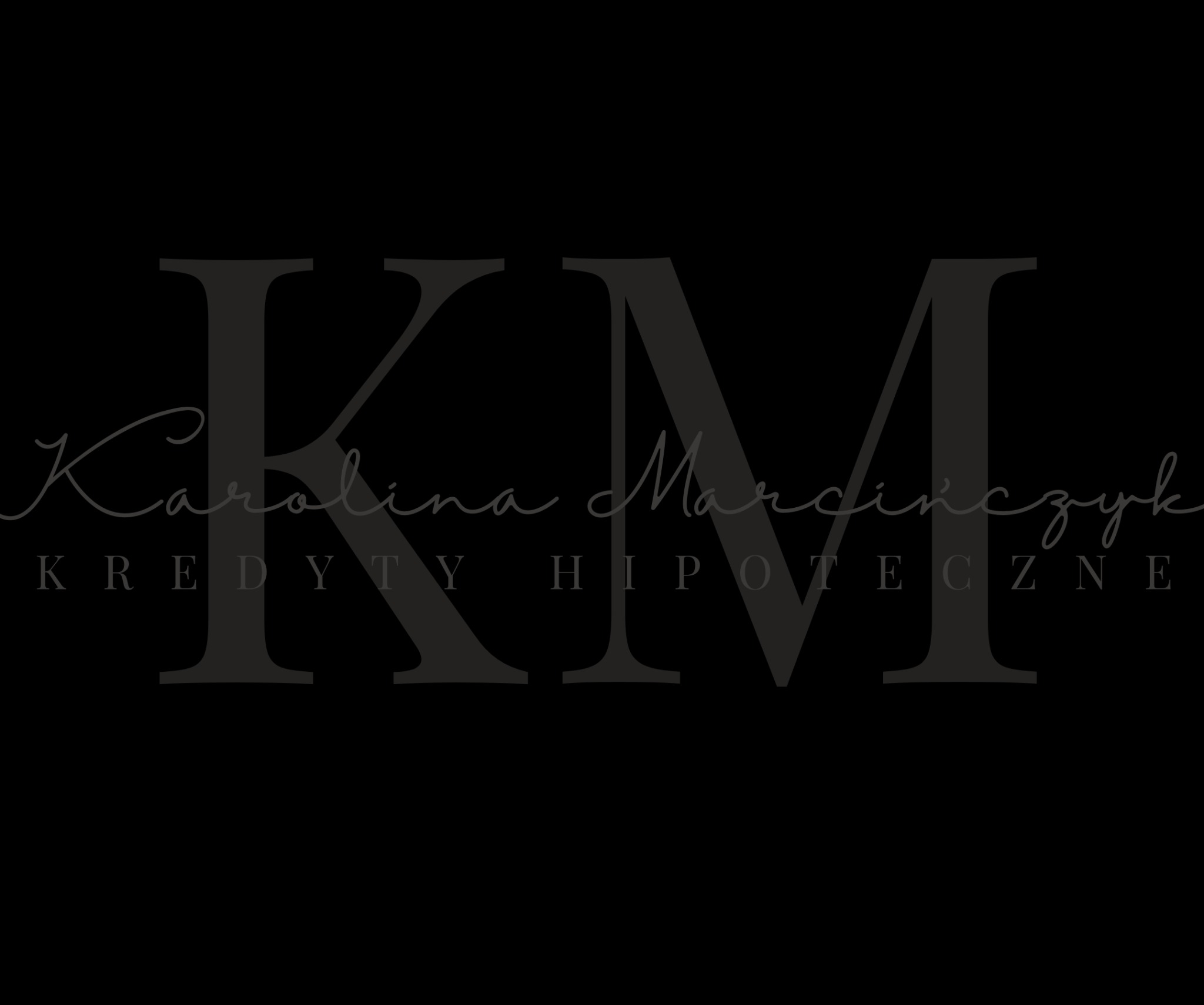 Logo firmy z inicjałami KM, imieniem i nazwiskiem Karolina Marcinczyk oraz napisem KREDYTY HIPOTECZNE na czarnym tle.